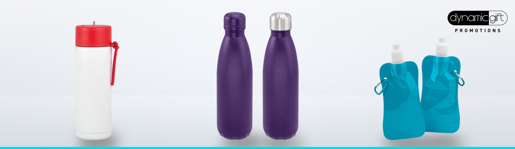 White gym drink bottle with red lid, purple insulated vacuum bottles and blue collapsible water bottles