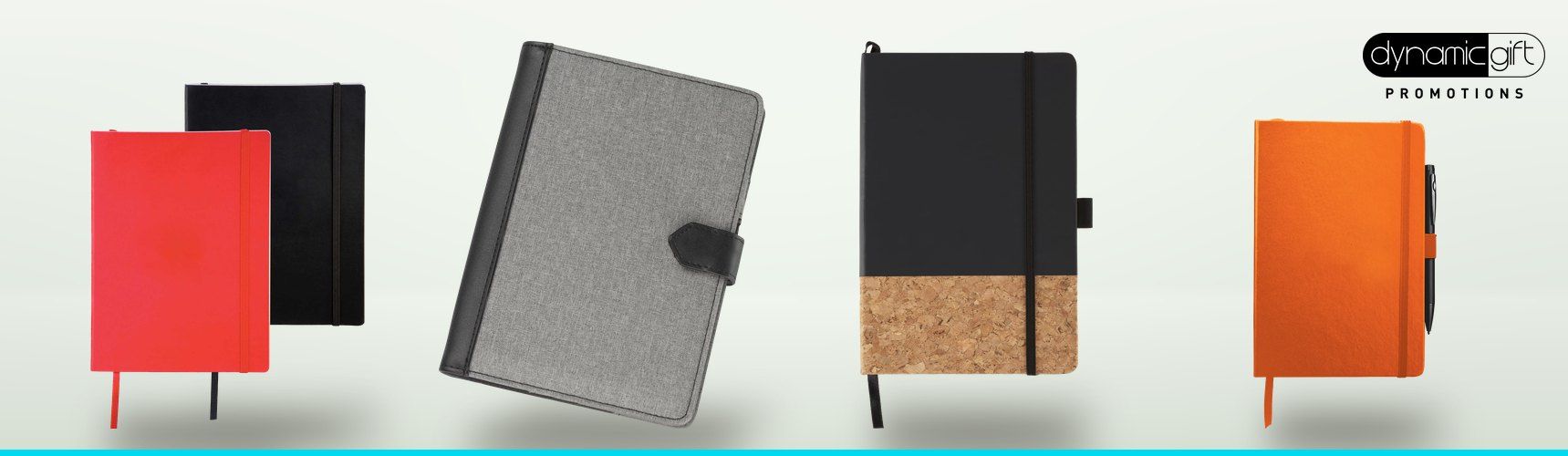 Red and black soft bound journals, grey fabric journal, cork panel journal and orange journal with pen