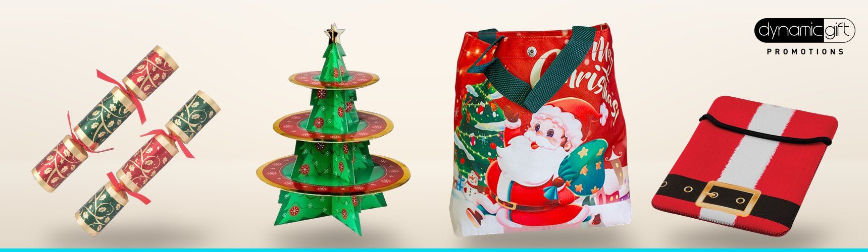 Christmas crackers, a tree shaped cupcake stand, a Santa print tote bag and a Santa iPad case on a light background