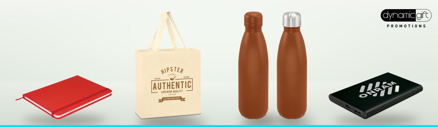 Red notebook, printed cotton tote bag, two copper coloured insulated drink bottles and a black power bank