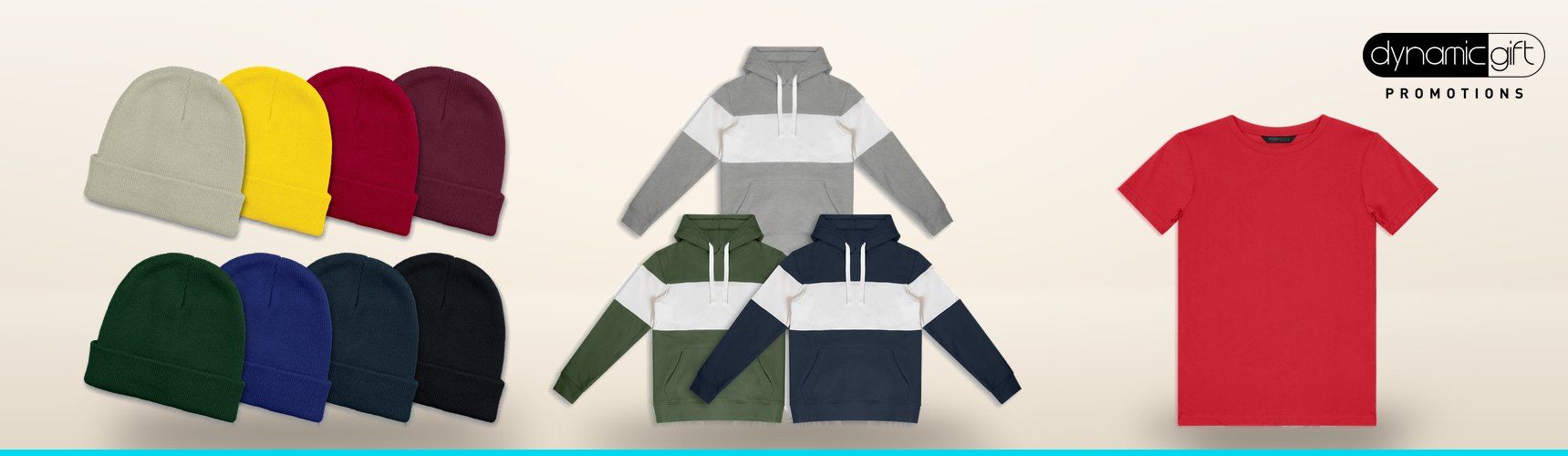 Knitted beanies in eight colours, striped hoodies and a red youth t-shirt for a school fundraiser on a light background