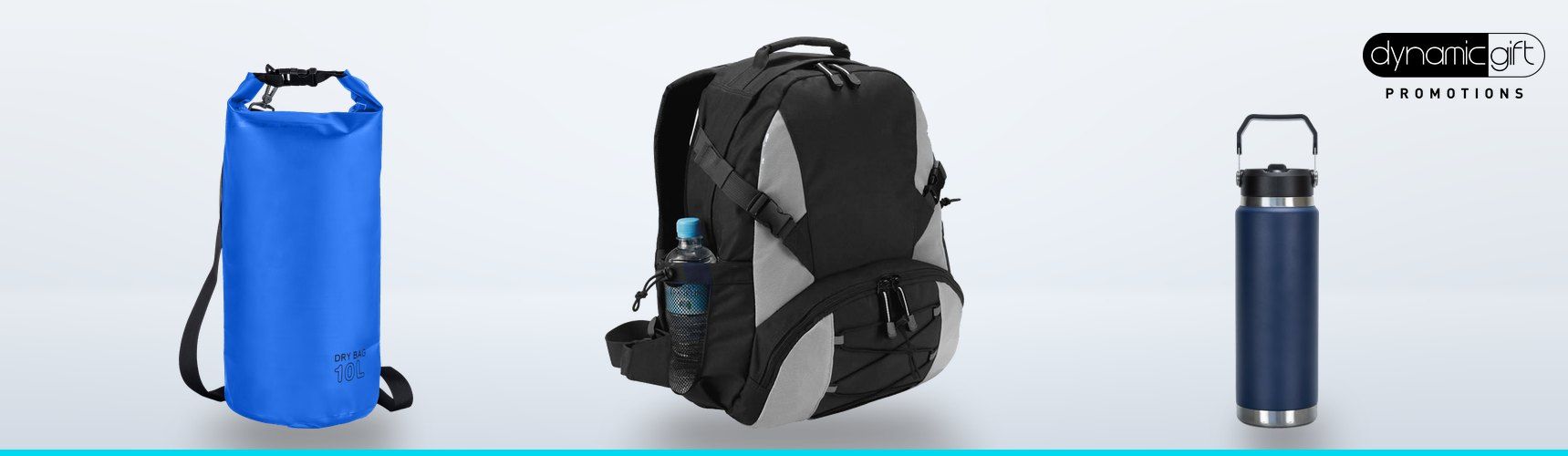 Blue roll top dry bag, black and grey tramping backpack and navy insulated drink bottle on a light background