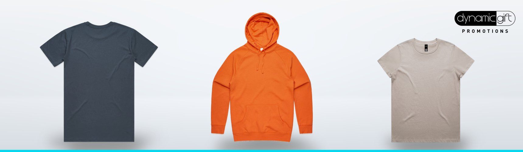 Blank charcoal cotton tee, orange pullover hoodie and stone women's tee lined up as starter blanks for a clothing label