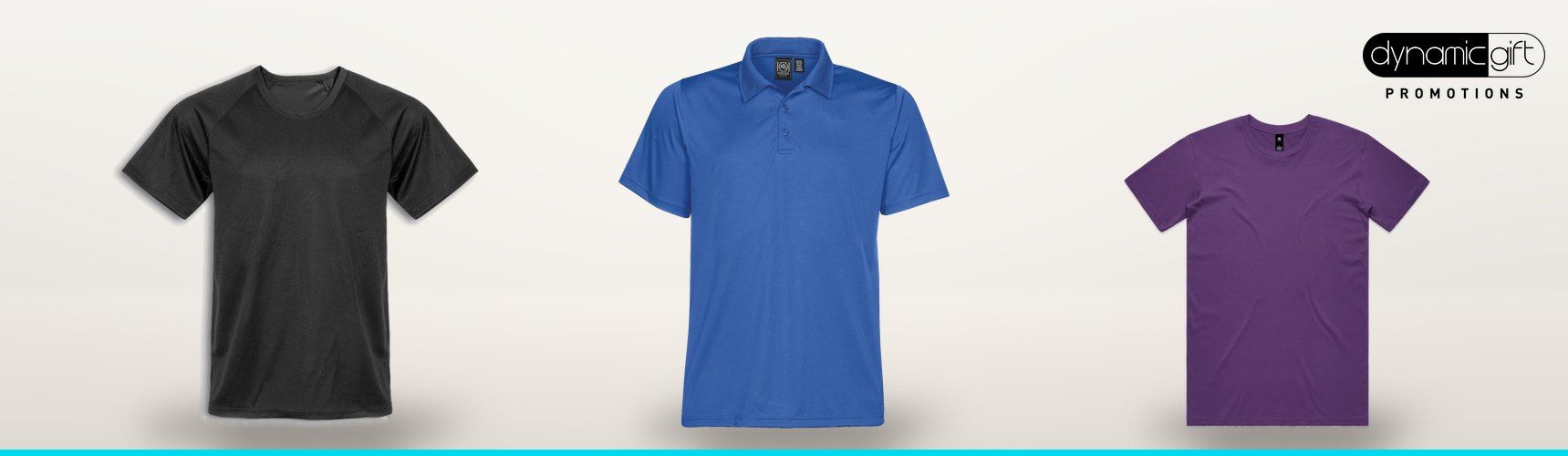 Black polyester sports tee, blue performance pique polo and purple cotton staple tee lined up on a light background