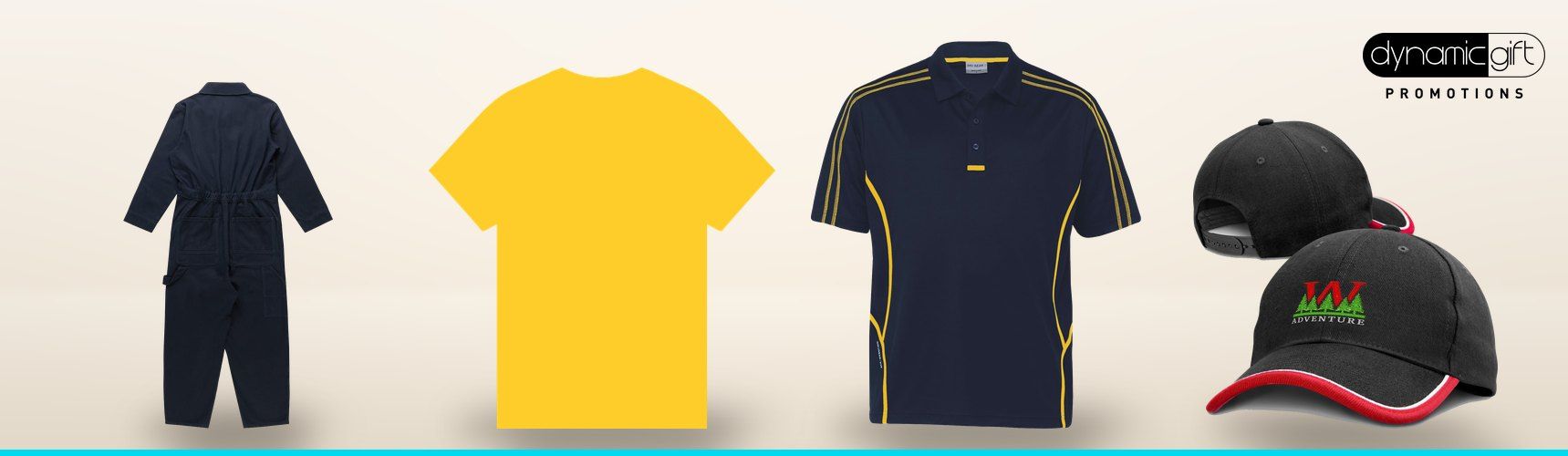 Navy canvas coveralls, yellow cotton t-shirt, navy polo with yellow piping and black cap with embroidered logo