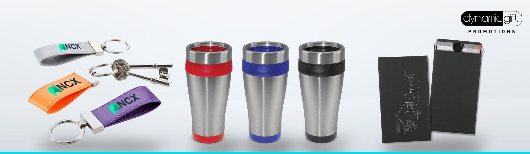 Branded leather loop key rings, steel travel mugs with coloured bands and a black chocolate gift box