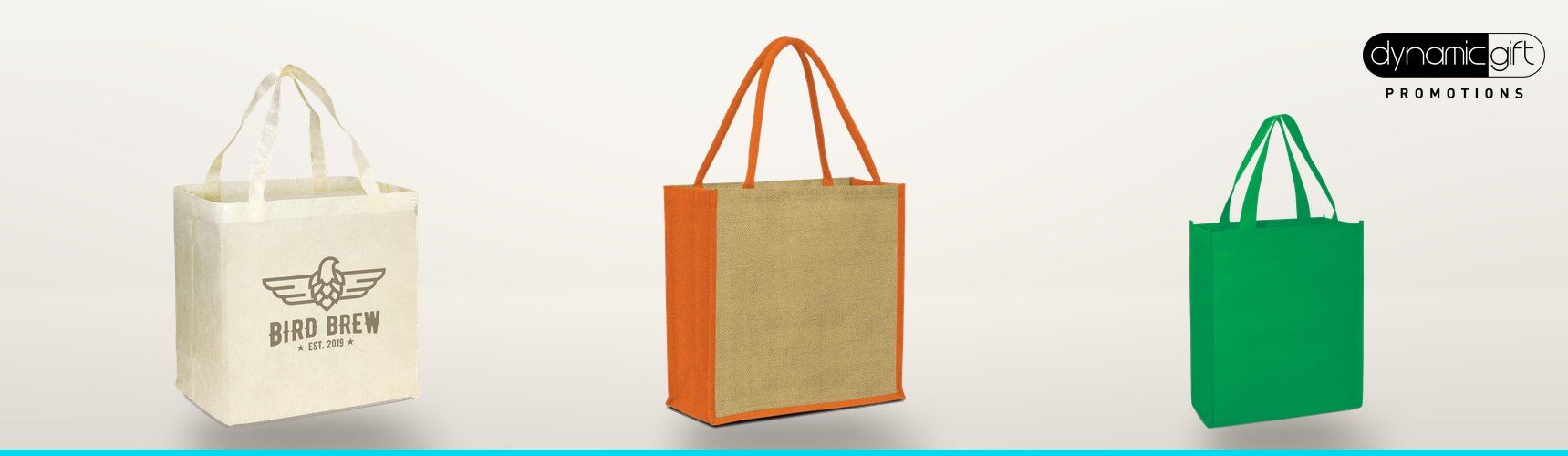 Printed natural look shopper tote, jute tote bag with orange trim and green tote bag lined up on a light background