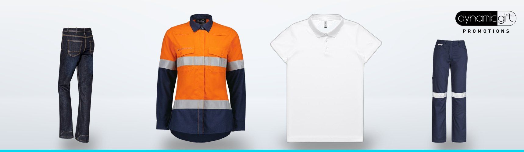 Women's denim work jeans, orange and navy taped ripstop shirt, white work polo and navy taped utility pants