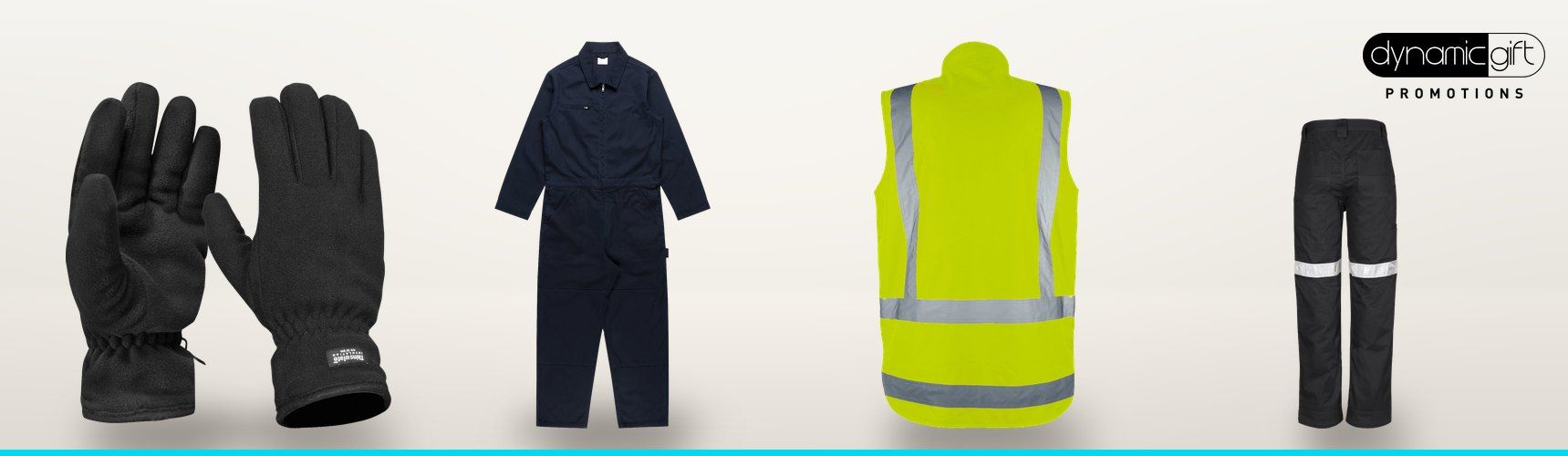 Black fleece gloves, navy canvas coveralls, a yellow hi vis safety vest and black taped work trousers