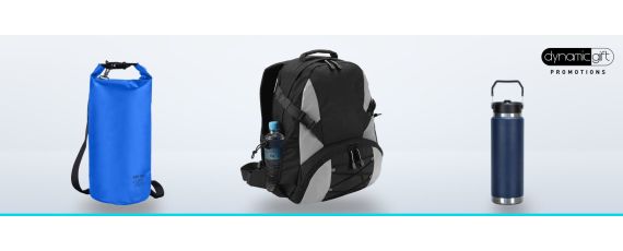 Blue roll top dry bag, black and grey tramping backpack and navy insulated drink bottle on a light background