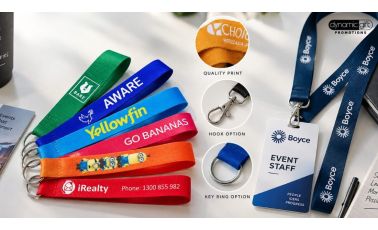Printed lanyards and key straps in bright colours with clip, hook and key ring attachment options