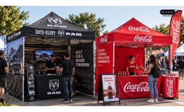 Two branded pop-up marquees at an outdoor event with printed walls, flags and a serving counter