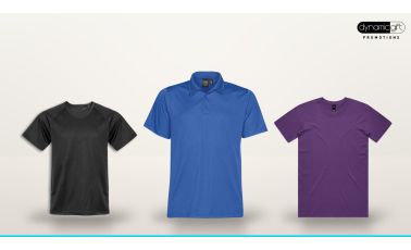 Black polyester sports tee, blue performance pique polo and purple cotton staple tee lined up on a light background