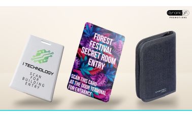 Printed clamshell RFID access card, full colour flat RFID entry card and charcoal RFID passport wallet on a light background