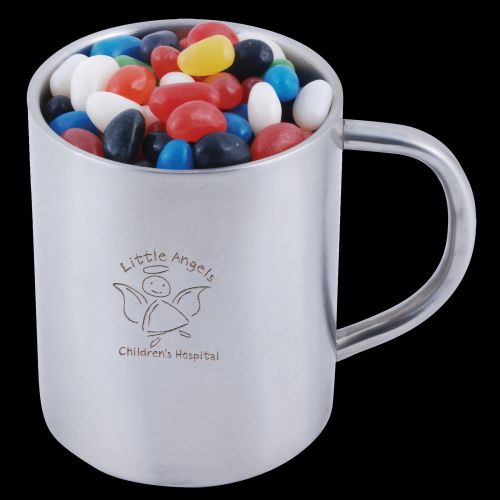 Assorted Colour Mini Jelly Beans in Double Wall Stainless Steel Barrel Mug