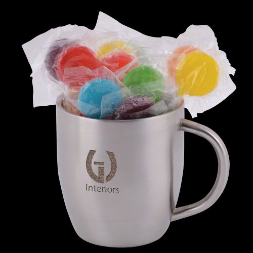 Assorted Colour Lollipops in Stainless Steel Double Wall Curved Mug
