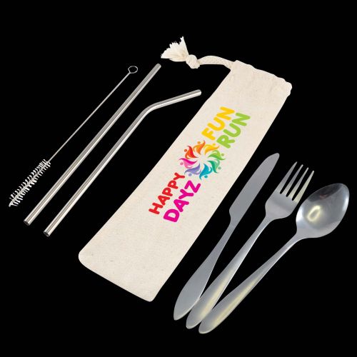 Banquet Stainless Steel Cutlery & Straw Set in Calico Pouch